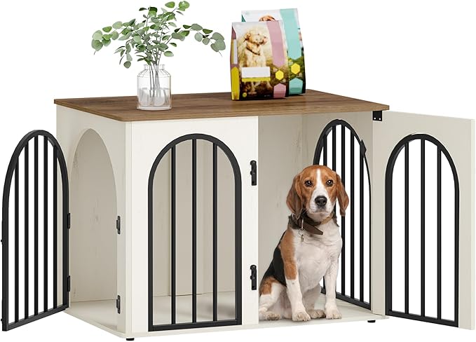 Hzuaneri 31.5'' Dog Crate Furniture,Dog Kennel Indoor for Small/Medium Dogs | Dog Kennel Furniture Wooden Dog Cage Heavy Duty Dog Crate Decorative Pet House End Side Table TV Stand,White Brown DFC85114B
