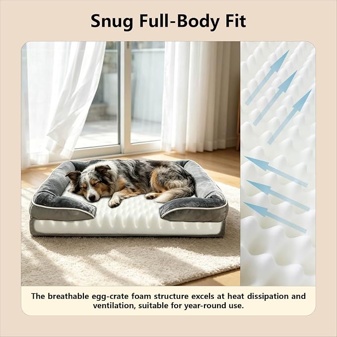 Memory Foam Large Dog Beds Removable Washable Cover Dog Couch with Non-Slip Bottom Large Cat Bed for Indoor Use 3-Sided Headrest Design for Neck and Head Support (Large)