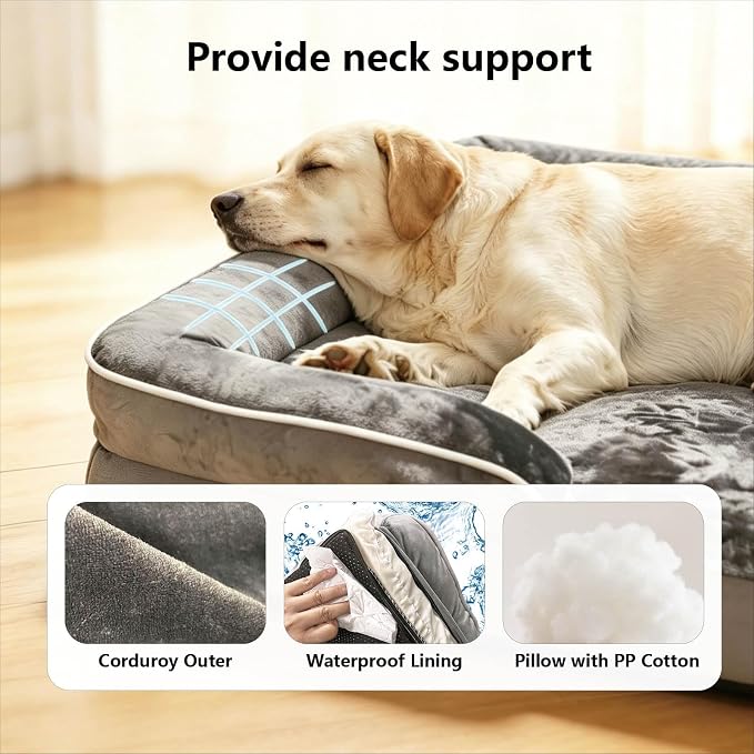 Memory Foam Large Dog Beds Removable Washable Cover Dog Couch with Non-Slip Bottom Large Cat Bed for Indoor Use 3-Sided Headrest Design for Neck and Head Support (Large)