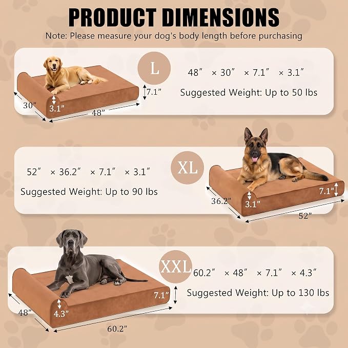 Orthopedic Dog Bed for Large Dog, Memory Foam Waterproof Dog beds | XXL, 7” Thick, Removable Washable Cover, Faux Suede Fabric, Non-Slip Bottom, Headrest, Oversize, Easy Clean, Pet Beds