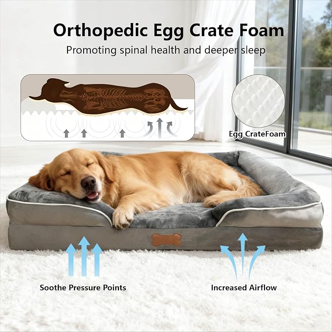 Memory Foam Large Dog Beds Removable Washable Cover Dog Couch with Non-Slip Bottom Large Cat Bed for Indoor Use 3-Sided Headrest Design for Neck and Head Support (Large)