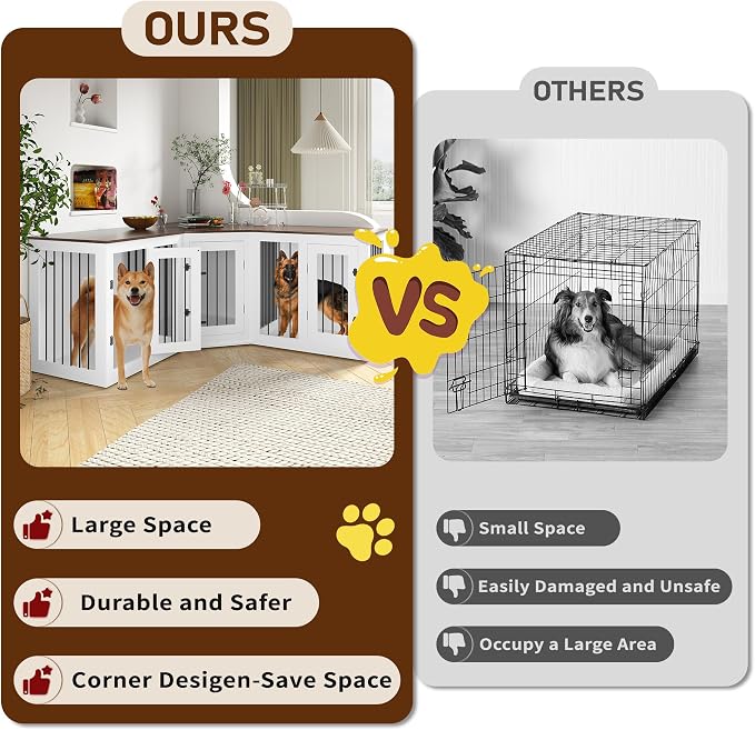 Large Dog Crate Furniture for 3 Dogs, 113'' Corner Dog Crate with Divider, 3 in 1 Heavy Duty Indoor Wooden Dog Kennel Furniture for Small Medium Large Dogs, White