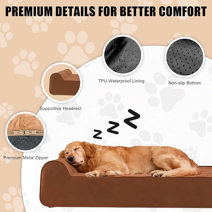 Orthopedic Dog Bed for Large Dog, Memory Foam Waterproof Dog beds | XXL, 7” Thick, Removable Washable Cover, Faux Suede Fabric, Non-Slip Bottom, Headrest, Oversize, Easy Clean, Pet Beds