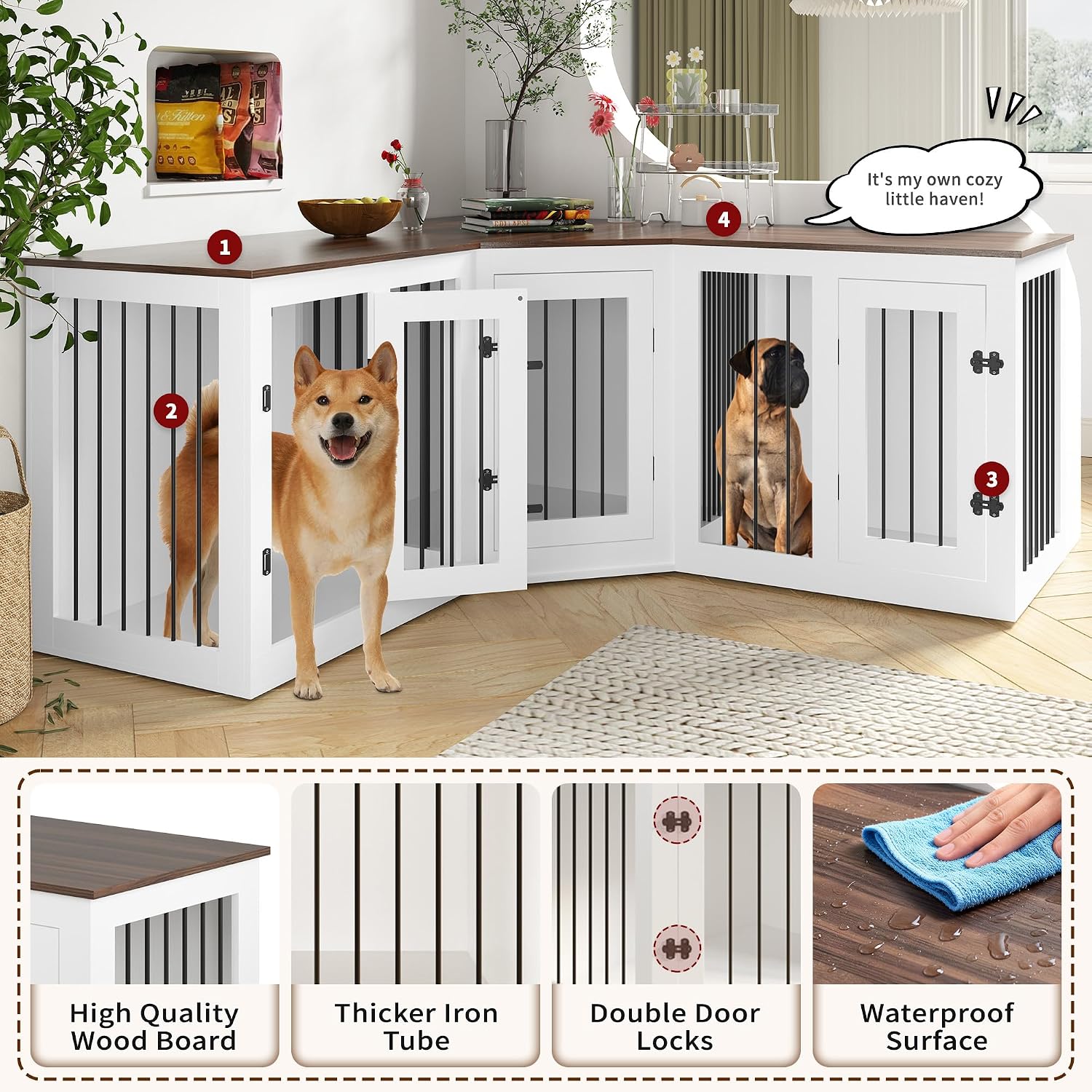 Large Dog Crate Furniture for 3 Dogs, 113'' Corner Dog Crate with Divider, 3 in 1 Heavy Duty Indoor Wooden Dog Kennel Furniture for Small Medium Large Dogs, White
