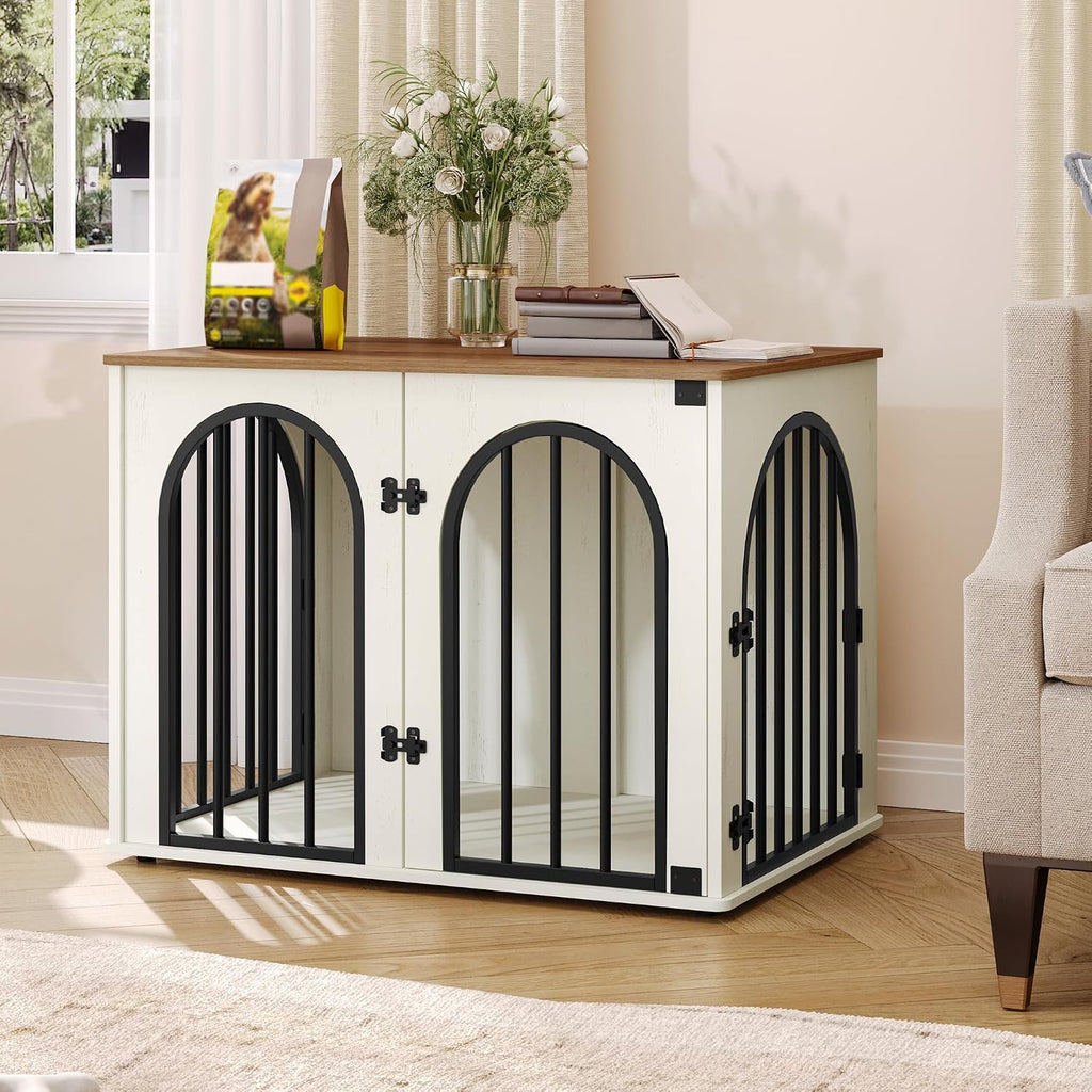 Hzuaneri 31.5'' Dog Crate Furniture,Dog Kennel Indoor for Small/Medium Dogs | Dog Kennel Furniture Wooden Dog Cage Heavy Duty Dog Crate Decorative Pet House End Side Table TV Stand,White Brown DFC85114B